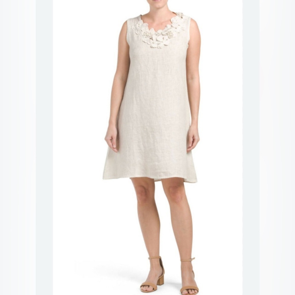 Rosemarine Dress Women’s L Grey Floral Pearl 100% Linen Italy Lagenlook Beach